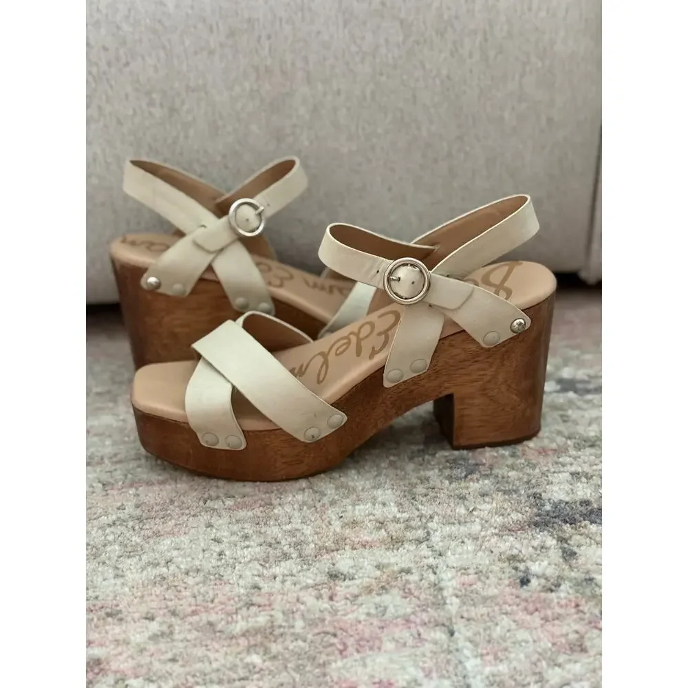 Sam Edelman Women’s Sz 10 Josephine Wood Block Platform Sandals Cream Leather